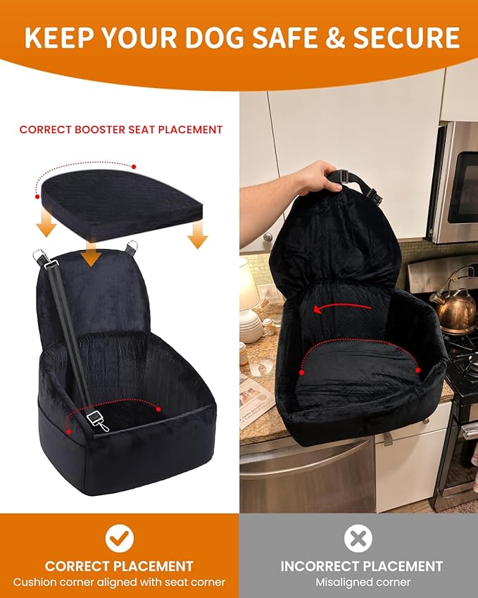 NUPIDA Dog Car Seat for Small Medium Dogs, Dog Booster Seat with Extendable Backrest, Pet Portable Car Seats up to 30 lbs, Washable Travel Bed with Storage Pockets and 2 Safety Leashes, Black