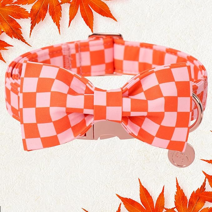 DOGWONG Orange Pink Plaid Dog Collar with Bow - Adjustable and Comfortable Autumn Dog Collar Fall Necklace for Large Medium Small Pet,XS