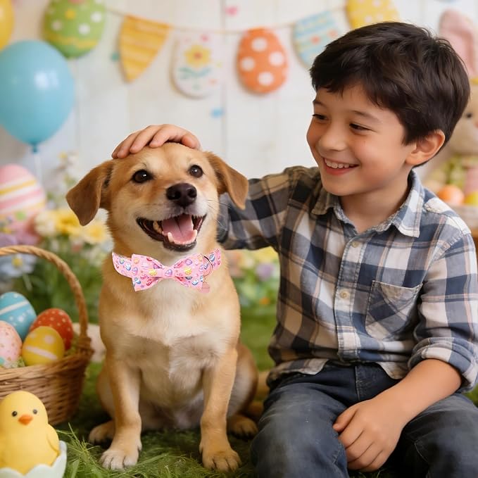 Easter Day Dog Collar with Bow, UP URARA PUP Easter Eggs Adjustable Pet Collar Bowtie with Metal Buckle, Colorful Eggs Cotton Dog Collars for Small Medium Large Dogs, S