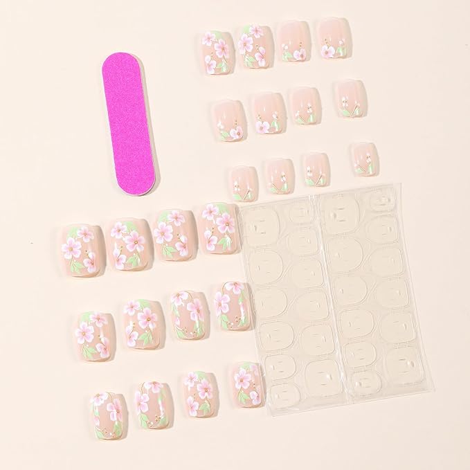 yefiuo Summer Press on Nails Short Square Pink Fake Nails Press ons Gilded Flowers Acrylic False Nails Glue on Nails Reusable Nail Tips Kit Full Cover Stick on Nail Supplies for Women Girls 24Pcs