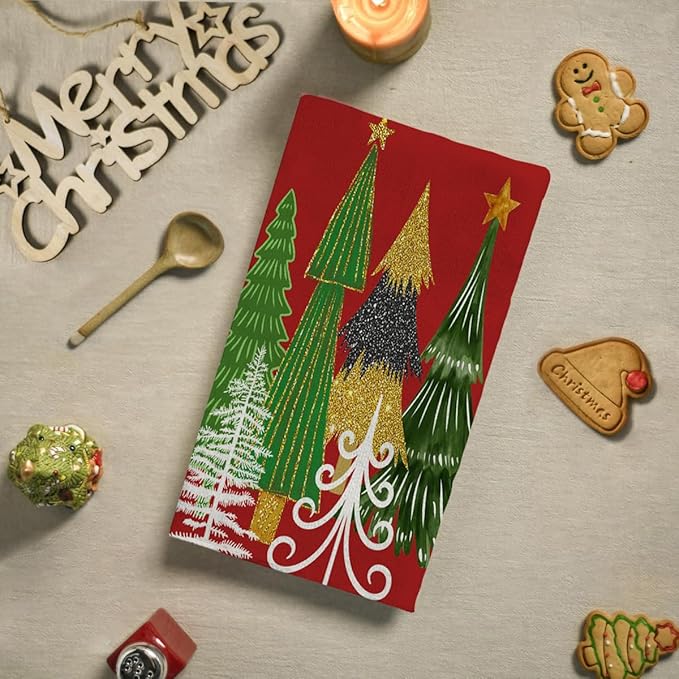 Green Red Christmas Tree Hand Towels Set of 2 Xmas Watercolor Pine Trees Absorbent Bathroom Towel Soft Decorative Towels for Bathroom, Hotel 29.1 X 13.8 Inch
