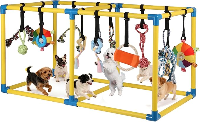 38" Extra Large Puppy Play Gym Jungle Gym with 14 Toys, Indoor Dog Activity Center with Adjustable Elastic Tug Straps, Spacious PVC Design for Small Dogs & Puppies 0-6 Months