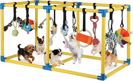38" Extra Large Puppy Play Gym Jungle Gym with 14 Toys, Indoor Dog Activity Center with Adjustable Elastic Tug Straps, Spacious PVC Design for Small Dogs & Puppies 0-6 Months