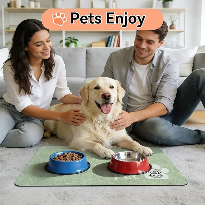 Dog Cat Feeding Mat-Absorbent Pet Bowl Mat for Food and Water, Quick Dry Water Dispenser Mat for Floors with Waterproof Rubber Backing, Large Dogs Placemat Mats for Messy Drinkers,17"x27",Sage Green