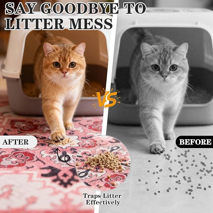 EXPAWLORER Cat Litter Mat, 28”x36” Medium Non-Slip Urine Waterproof Litter Trapping Mat Easy to Clean Washable Litter Box Mat for Floor Soft on Kitty Paws, Indoor Food Mats Rug Pads for Bathroom Pink
