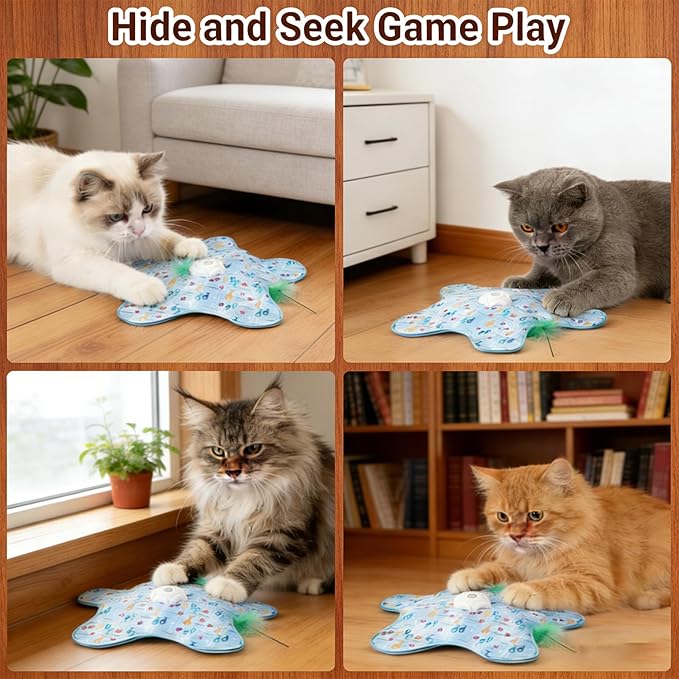 Automatic Interactive Cat Toy Hide and Seek Electric Toy with Feather Wand Bird Sounds Touch Activated USB Rechargeable Play Mat for Indoor Cats Self Play Exercise for Kittens and Cats