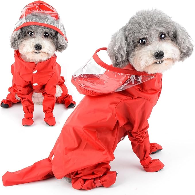 Zunea Waterproof Dog Raincoat with Hood for Small Dogs Rain Poncho Jumpsuit with Rain Boots Puppy Hooded Slicker Rainwear Four-Legged Pet Rain Jacket for Walking Red XL
