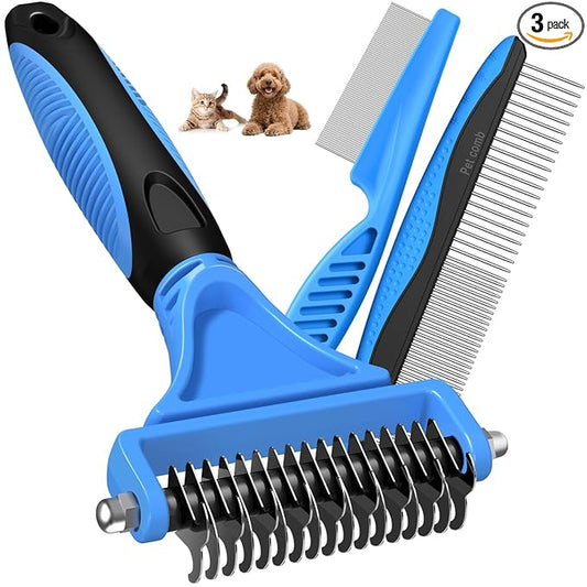 3PCS Pet Grooming Rake & Metal Comb & Flea Comb for Cats and Dogs, Double-Sided Dematting Tool, Extra-Wide Deshedding Dog Brush for Long Hair to Effectively Remove Tangles, Knots and Mats (Blue)