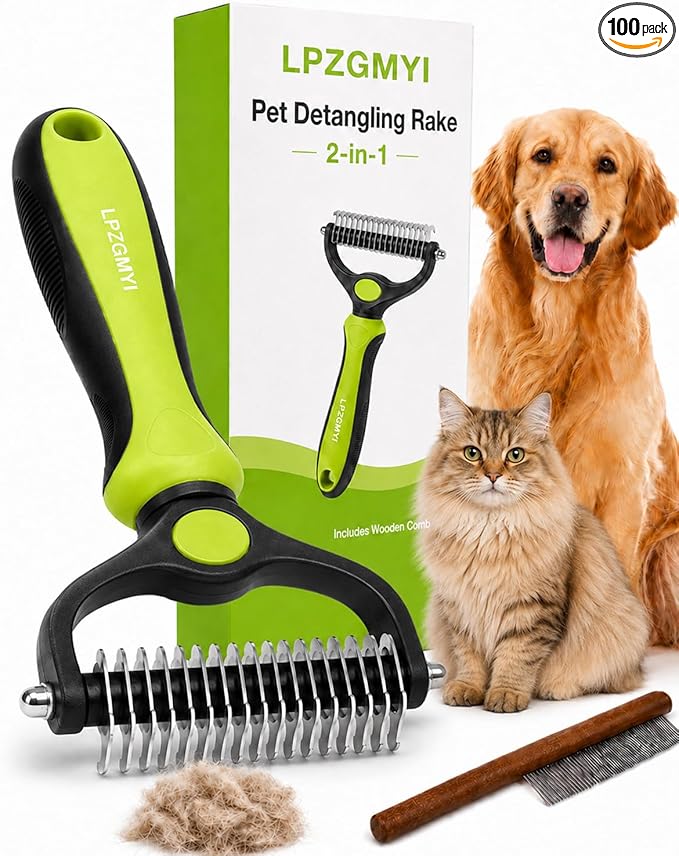 Undercoat Rake for Dogs, Pet Grooming Tool Pro Deshedding Brush Double Sided Cat Brushes Long Hair Dematting Comb Professional Extra-Wide Stainless Steel Teeth Supplies for Matted Fur on Cats (Green)