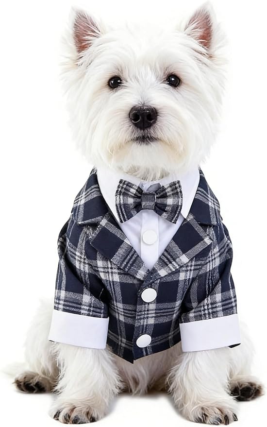 GabeFish Pets Wedding Jackets Suit for Dogs with Bow Tie Puppy Cat Formal Clothes Shirt Tuxedo (Navy, L (Chest 17.3in/44cm))