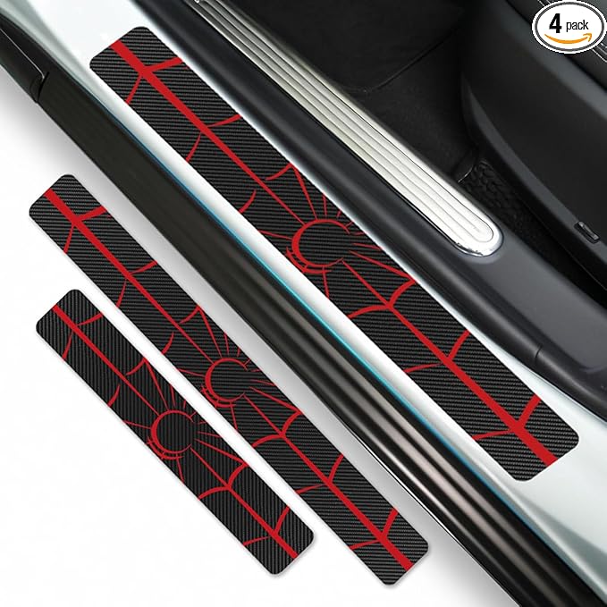 ZORAPULZE 4PCS Car Door Sill Protector Carbon Fiber Scratch Resistant Red Web Door Entry Guard Scuff Plate Film for Cars SUVs Off-Road, Universal Trim Accessories