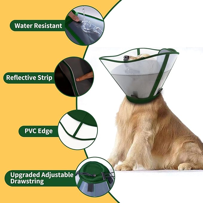 WinWeal Soft Dog Cone for Large Medium Dogs After Surgery – Adjustable Transparent Recovery Collar, Breathable Elizabethan E-Collar for Wound Healing & Anti-Licking (XL, Dark Green)
