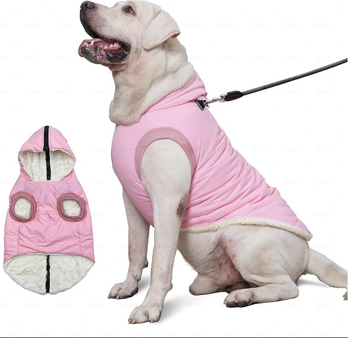 Vecomfy Fleece Lining Dog Hoodie with Harness Built in,Extra Warm Large Dog Jacket in Winter Doggie Coats with Hooded,Light Pink XXXL