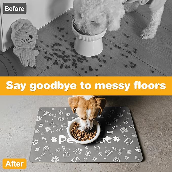 Pet Feeding Mat,Dog Cat Mat for Food and Water,Dog Bowl Waterproof Placemat with Rubber Backing,Absorbent Quick Dry Water Dispenser Mat for Pet（Dark Gray 12"×18"）