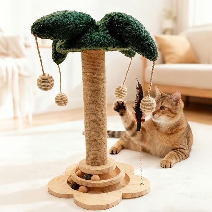 Cat Scratching Post, Sisal Cat Scratcher Posts with Interactive Trackball Toys for Indoor Cats, 19.6" Tall Scratch Tree Tower for Kitten, Flower Base