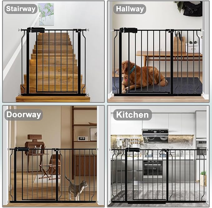 Fairy Baby Walk Through Baby Gate 43.5-48 Inch Wide for Stairs, Pressure Mounted Safety Gate with Door No Drill, Black Tension Metal Gate for Dog and Toddler