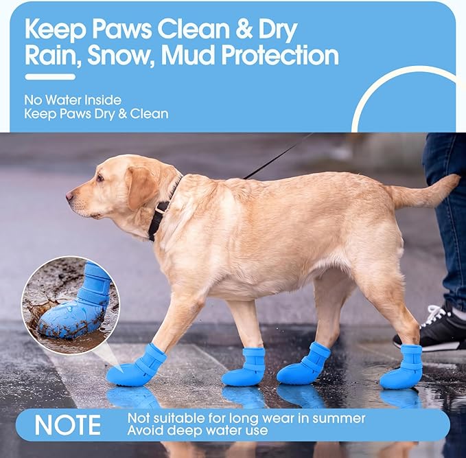 Dog Rain Boots Waterproof, 4PCS Dogs Shoes Non Slip Dog Boots & Paw Protectors, Easy On Rubber Doggie Booties Pet Shoes for Hot Pavement Snow Rain, Dog Rainboots for Small Medium Large Dogs, Blue L