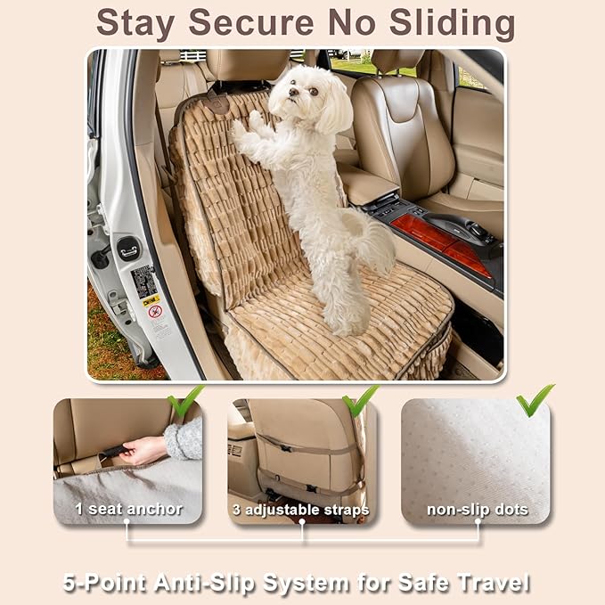 Soft Front Seat Dog Cover, Waterproof Dog Car Seat Protector with Side Flaps, Non-Slip Fluffy Flannel with Full Protection for Pets on Captain Seat in Cars SUVs Trucks (Tan, Standard Front)