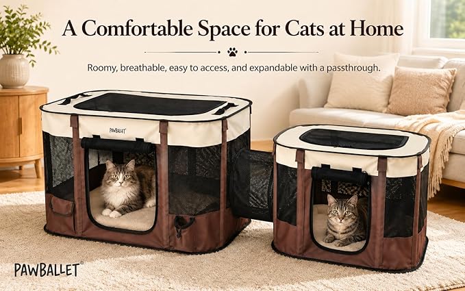 Paw Ballet 2-in-1 Foldable Pet Playpen, Portable Dog Cat Kennel Tent with Waterproof Shade Cover, Indoor Outdoor Use, with Carrying Case