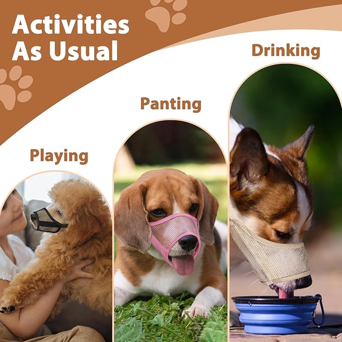 LUCKYPAW Dog Muzzle Suits for Small Medium Large Dogs, Mesh Muzzle Anti Biting Chewing, Breathable Mouth Cover Set with Adjustable Strap for Grooming Vet Visiting Training (Small 3 PCS(XXS-S), Beige)