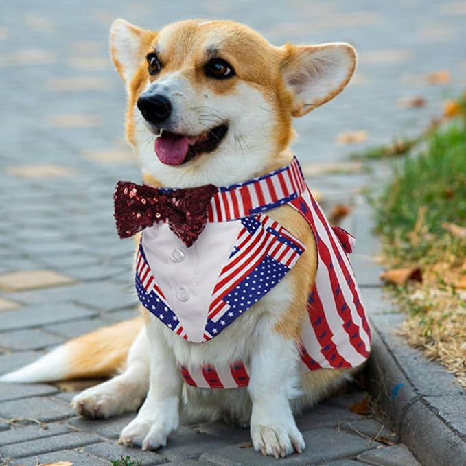 Kuoser Independence Day Dog Tuxedo Dog Suit and Bandana Set, 4Th of July Dog Costume American Flag Dog Outfit with Bow Tie for Large Medium Small Dogs Golden Retriever Samo Bulldogs, L