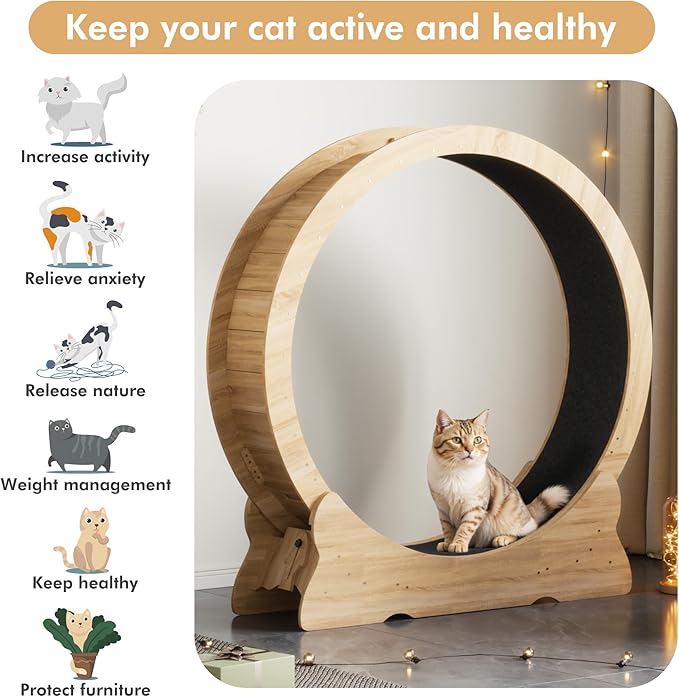 Mondeer Cat Exercise Wheel, 46'' Cat Wheel for Indoor Cats with Carpeted Runway, XL Treadmill with Removable Carpet and Teaser, for Running Walking Training (Natural Wood)