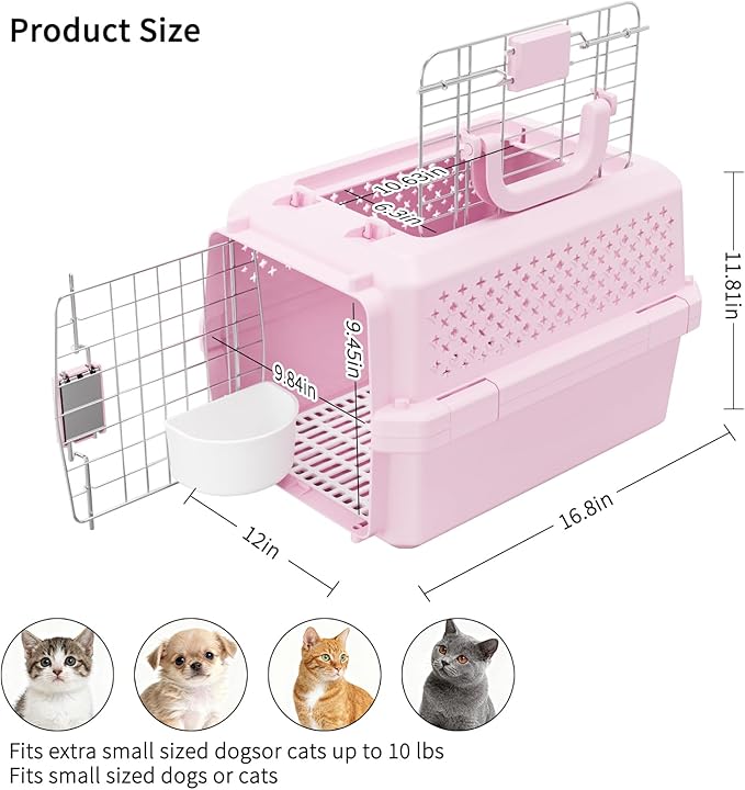 RIZZARI Portable Cat Carrier for Small Cats & Dogs:Secure Hard-Sided Pet Carrier with Ventilation - Metal Door & Carry Handle for Travel - Vet Visits & Daily Use (Pink, X-Small)