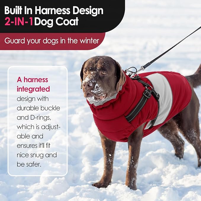 AOFITEE Dog Coat, Dog Christmas Sweater, Waterproof Dog Jacket Winter, Dogs Coat with Harness Built in, Warm Dogs Puffer Jacket, Reflective Pet Snowsuit for Dachshund, French Bulldog, Boston Terrier