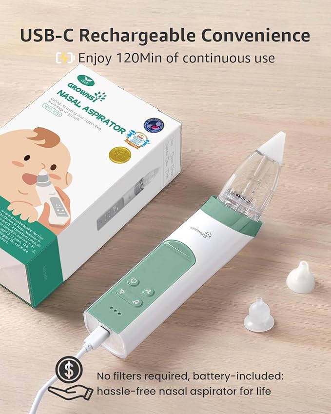 GROWNSY Nasal Aspirator for Baby, Electric Nose Aspirator for Toddler, Baby Nose Sucker, Automatic Nose Cleaner with 3 Silicone Tips, Adjustable Suctions, Music and Light Soothing Function (Green)