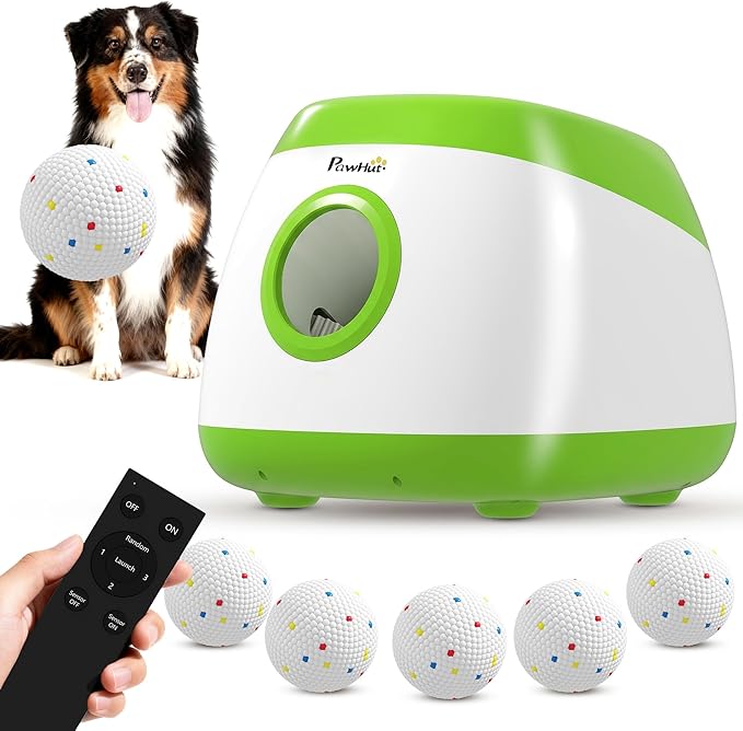 PawHut Automatic Dog Ball Launcher, Rechargeable Dog Ball Thrower with Remote Control, 3 Adjustable Distance (39ft/59ft/78ft), 6 ETPU Tennis Fetch Toys 2.5", for Medium Large Breeds, Green