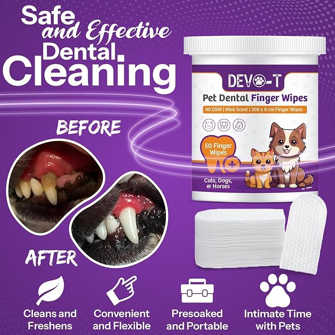 DEVO-T 100% Natural Dog Teeth Cleaning Wipes Mint Scented | 100 Count | Pet Teeth Cleaning Finger Wipes for Dogs, Cats & Horses | Remove Bad Breath, Plaque & Tartar Buildup | Dog Dental Wipes Finger