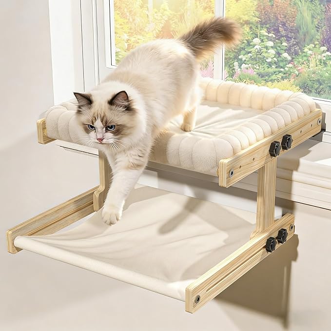 XiaZ Cat Perch for Window Cats Hammock Indoor Bed for Window Adjustable Wooden Frame Bird Watching Sunbathing Space-Saving Double Layer 18 * 16 * 10inch (Small Breeds Recommended)
