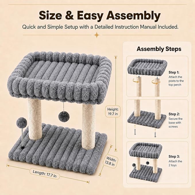 Cat Tree with Cat Scratching Post for Indoor Cats,Small Cat Tower with Soft Large Perch Bed Sisal Scratcher for Medium Cats and Kitten,Activity Play Centre Spring & Hanging Toy Balls,Grey