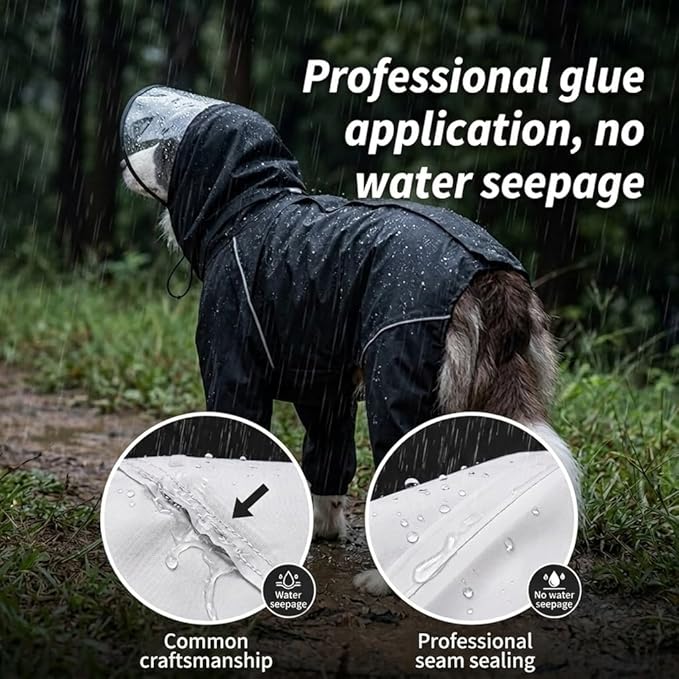 Dog Raincoat for Medium Large Dogs,rain Jacket Coat, Full Leg Coverage Waterproof Rain Suit with Detachable Hood & Tail, Reflective Strips，Labrador Retriever (Black for Boy, XXX-Large)