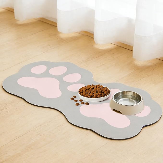 PUPTECK Dog Food Mat, Quick Absorbent Pet Cat Feeding Mat, Anti-Slip Dog Placemat for Food and Water Bowls with Rubber Backing, No Stains Floors Waterproof Indoor, LightGrey & Pink 16"x24"