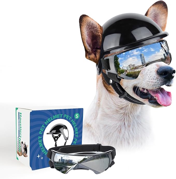 Small Dog Goggles with Helmet, 2PCS Dog Sunglasses and Pet Motorcycle Helmet with Ear Holes, Small Medium Breed Outdoor Driving Walking Biking Protection, Silver