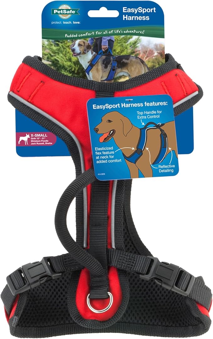 PetSafe EasySport Dog Harness Adjustable Padded Dog Harness with Control Handle and Reflective Piping Extra Small, Red