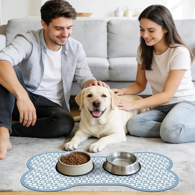 Pet Mats for Food and Water, Blue Bone Dog Food Mat for Floors, Non Slip Indoor Quick Dry Cat Bowl Feeding Mats (11.8” X19.7”)