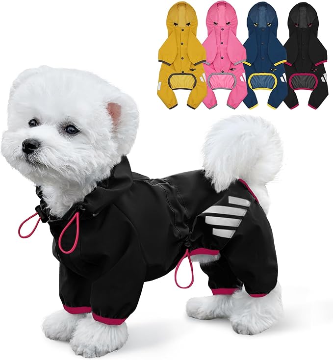 Dog Raincoat, Waterproof Dog Rain Jacket with Hood, Dog Rain Coat with Leash Hole, Reflective Strap for Small Medium Dogs, Lightweight Puppy Clothes(Black,L)