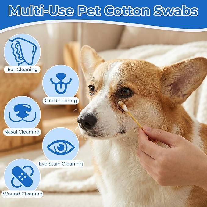 6 Inch Large Cotton Swabs for Dog Ear Cleaning - Extra Long Handle Dog Ear Swabs, Soft & Absorbent Big Cotton Tips, Perfect for Pet Care & Daily Grooming (200 Pcs)