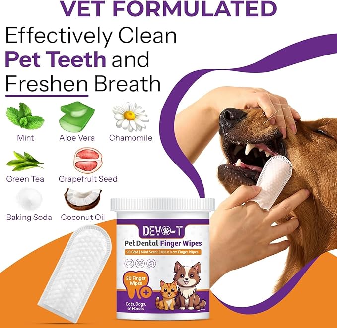DEVO-T 100% Natural Dog Teeth Cleaning Wipes Mint Scented | 100 Count | Pet Teeth Cleaning Finger Wipes for Dogs, Cats & Horses | Remove Bad Breath, Plaque & Tartar Buildup | Dog Dental Wipes Finger