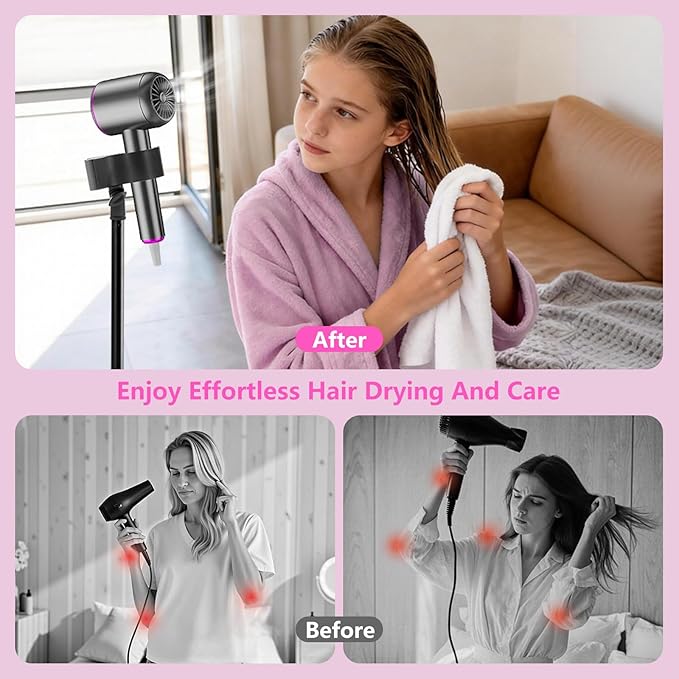 BILIONE Hair Dryer Stand Holder, Height Adjustable Countertop Blow Dryer Holder, 360° Rotating, Heavy Duty Non-Slip Base＆Universal Clip, Compatible with 99% of Hair Dryers