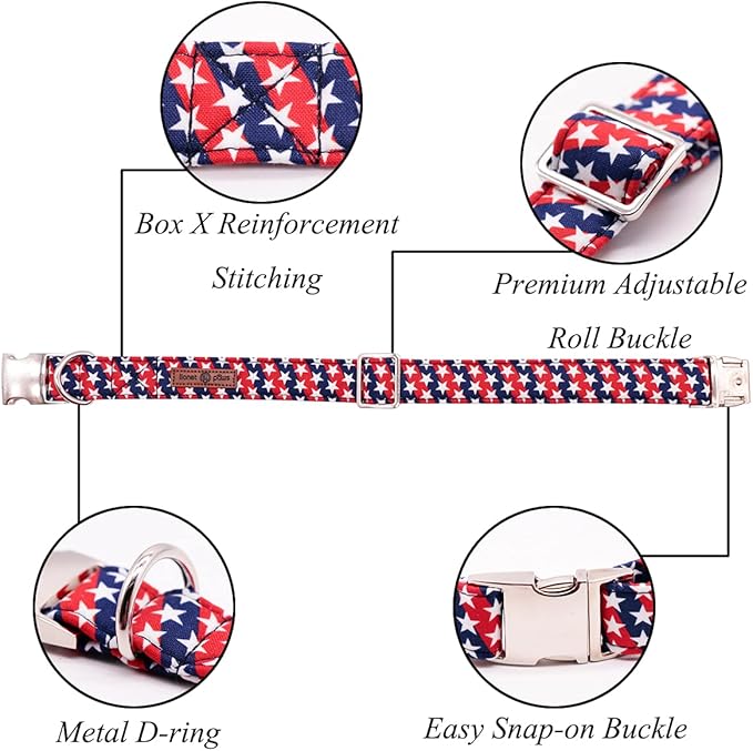 Lionet Paws Patriotic Dog Collar with Bowtie, 4th of July, Soft and Comfortable, Adjustable Collar for Large Dogs, Neck 16-24 inches