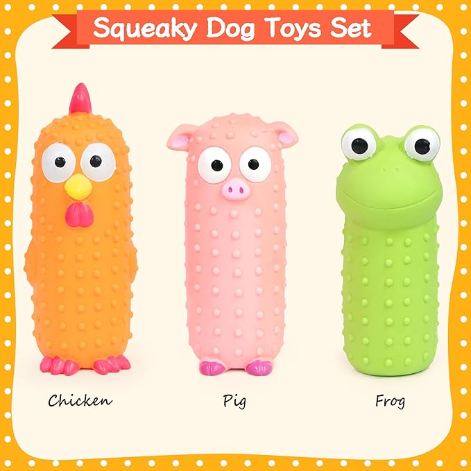 3 Pack Squeaky Dog Toys, Standing Stick Latex Chicken Squeaky Dog Toys Pig and Frog, Interactive Animals Play for Small Medium Large Dogs