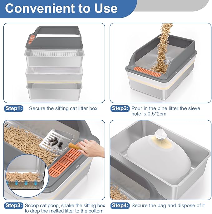 Stainless Steel Sifting Litter Box with Lid, Sifting Cat Litter Box for Pine Pellets & Small Cats,Metal Pellet Sifter Litter Pan System for Odor Control,Sifting Box Liners & Scoop