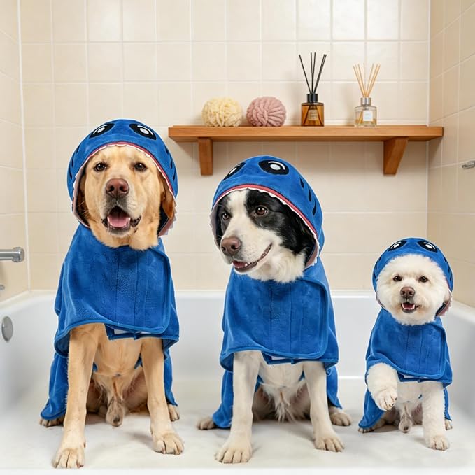 SCENEREAL Dog Bathrobe Fast Drying Towel Microfiber Dog Towel Robe with Hook and Loop Closure & Wrap Tie Snuggle, Super Absorbent Pet Cat Dog Bath Robe Drying Coat, Shark Hood XL