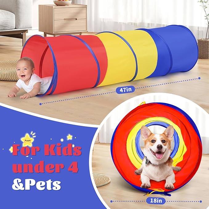 Hoohtoot Kids Play Tunnel Tent for Toddlers, Colorful Pop Up Crawl Through Passage, Indoor & Outdoor Tunnel Toy for Kids Backyard Playset, Dog Cat Pet Pipe (Red, Yellow and Blue Mesh Tunnel)