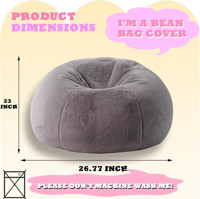 LPMOERA Fluffy Faux Fur Bean Bag Cover (No Filler) Stuffed Animal Bean Bag Storage Comfy Bean Bag Covers for Kids Dark Gray