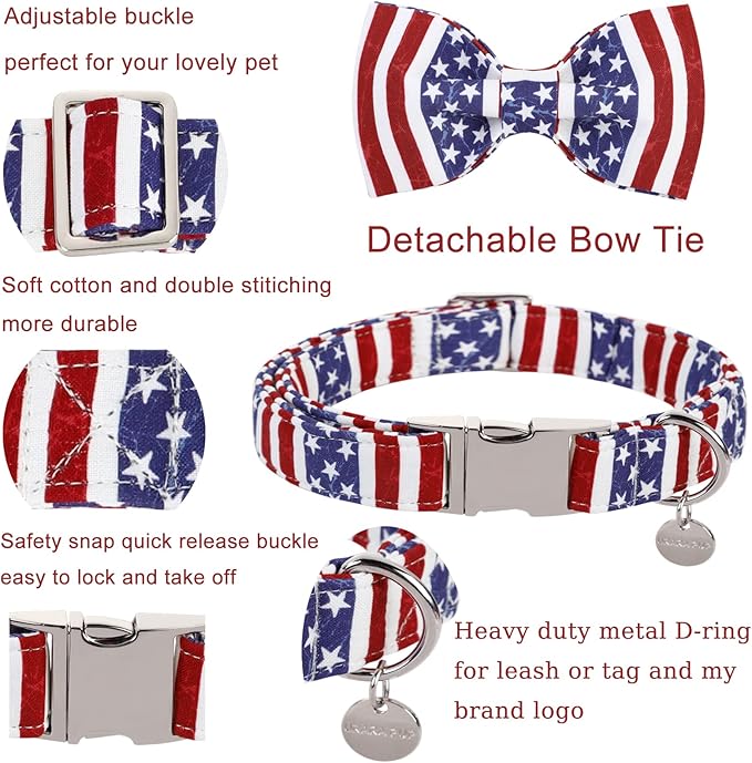 Dog Collar With Bow Tie, 4th of July Comfortable Cotton, American Flag for Medium Girl Boy, Patriotic Bowtie With Metal Buckle, M