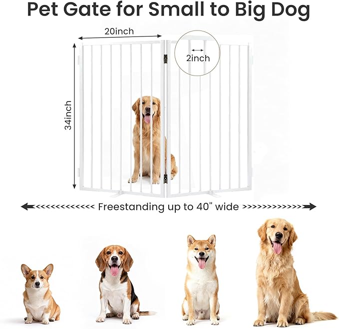 Full Metal Freestanding Dog Gate with Cat Door for Outdoor & Indoor,34" Tall Foldable Pet Fence,40" Extra Wide Free Standing Dog Gate for RV Camping,Stairs,Hallways,Doorways,Deck,Yard (2 Panels,White)
